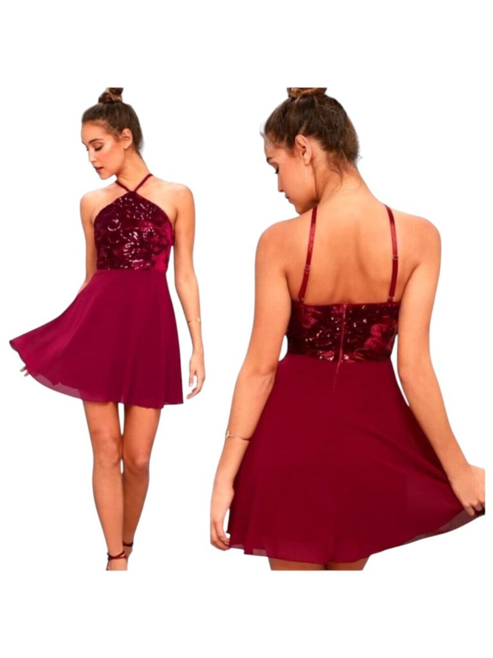 Lulus Dress Women Medium Burgundy Time of Love Sequin Halter Skater Mini Prom